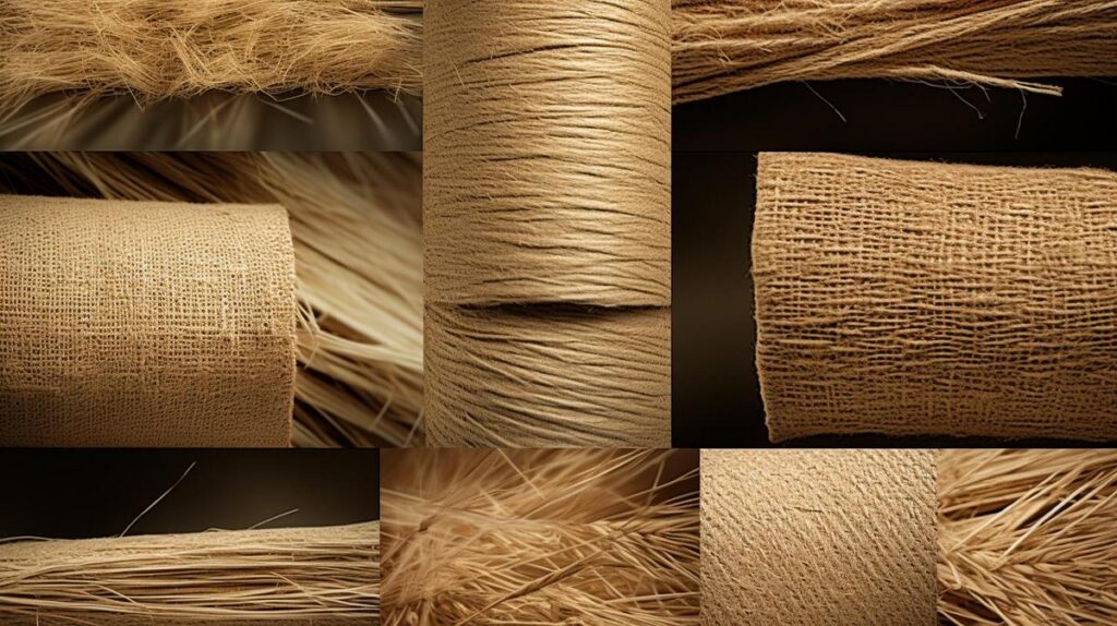 Alt text: "Jute fiber textures in eco-friendly fashion and decor, intricate patterns and weaves."