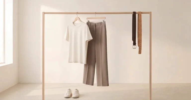 Garde-robe en cinq pièces sur un portant près d’une fenêtre : baskets, deux ceintures, t-shirt et pantalon