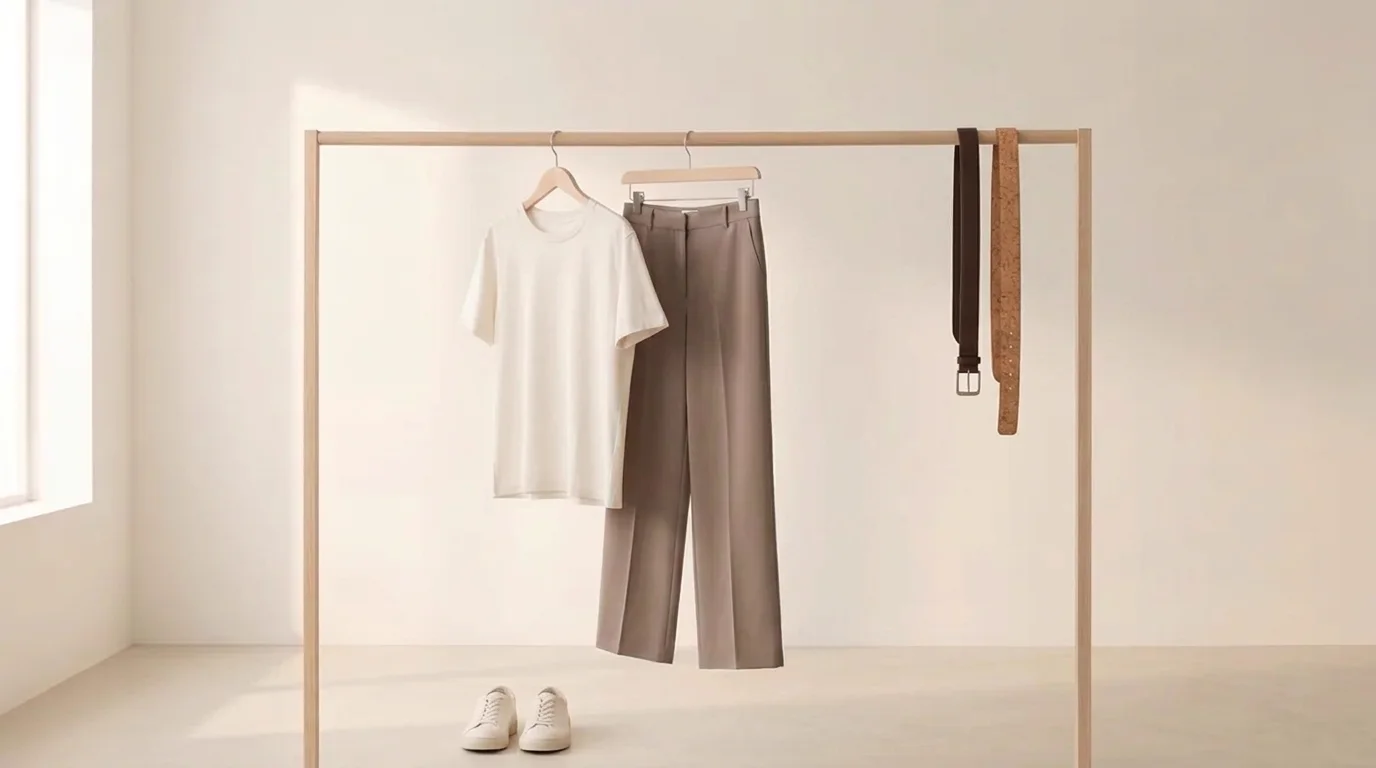 Garde-robe en cinq pièces sur un portant près d’une fenêtre : baskets, deux ceintures, t-shirt et pantalon