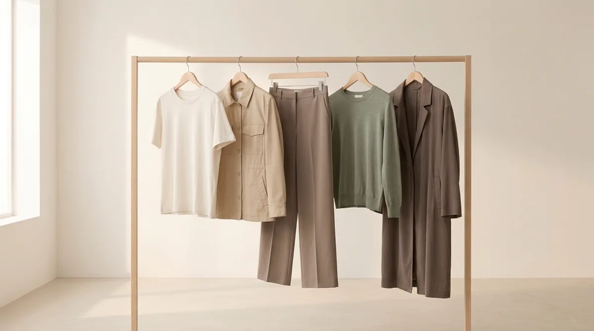 Garde-robe en cinq pièces sur un portant près d’une fenêtre : t-shirt, chemise, pantalon, maille et manteau