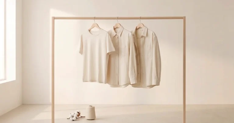 Trois pièces en coton écru sur un portant près d’une fenêtre, capsule de coton et cône de fil au pied