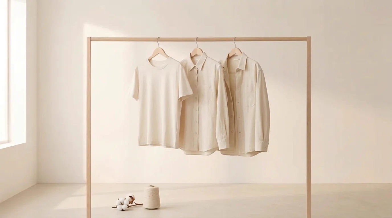 Trois pièces en coton écru sur un portant près d’une fenêtre, capsule de coton et cône de fil au pied